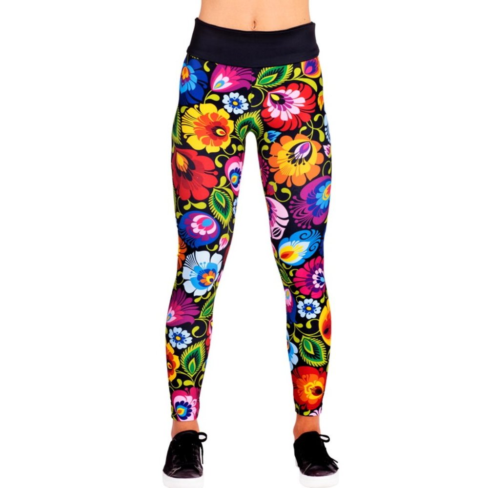 NWT fitness women woman leggings sport folklore flowers long Polish Polska new - Picture 1 of 8
